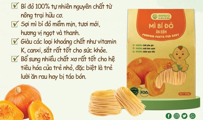 Mì ăn dặm bí đỏ Organic Anpaso 120g dành cho bé từ 7 tháng