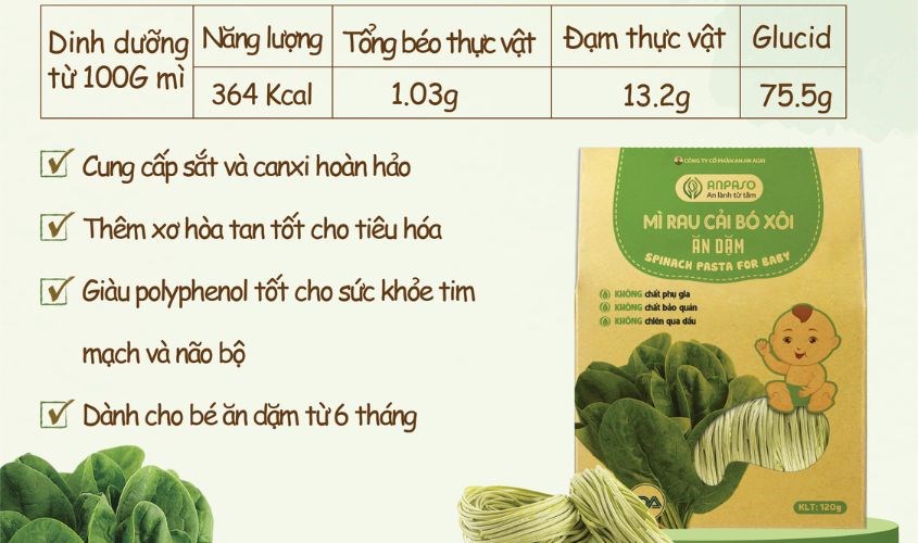 Mì ăn dặm cải bó xôi Organic Anpaso 120g dành cho bé từ 7 tháng