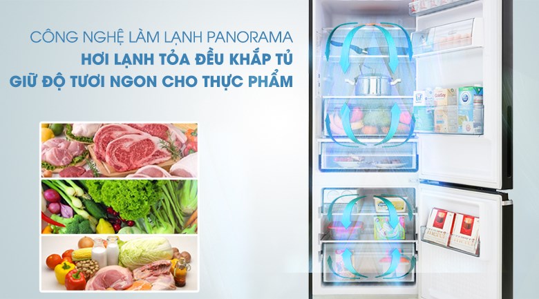 Tủ lạnh Panasonic Inverter 290 lít NR-BV320GKVN làm lạnh đều nhanh chóng với công nghệ làm lạnh Panorama giúp thổi khí lạnh đều mọi góc của các ngăn tủ