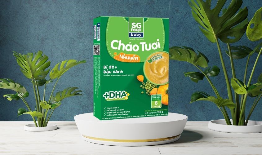 Cháo tươi nhuyễn SG Food Baby vị bí đỏ, đậu xanh gói 150g là thực phẩm giàu chất xơ