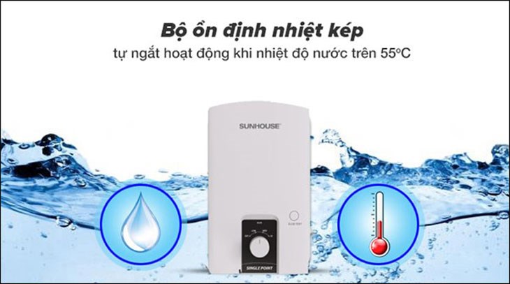 Máy nước nóng trực tiếp Sunhouse 4500W SHA-9452OP được trang bị bộ ổn định nhiệt kép giúp chống bỏng hiệu quả