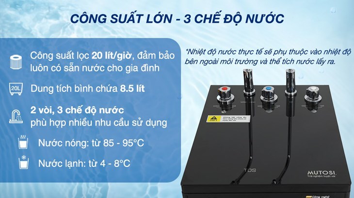 Máy lọc nước RO nóng lạnh Mutosi MP-6100HCE 10 lõi có công suất lọc lớn 20 lít/giờ, đáp ứng nhu cầu sử dụng nước hằng ngày của gia đình