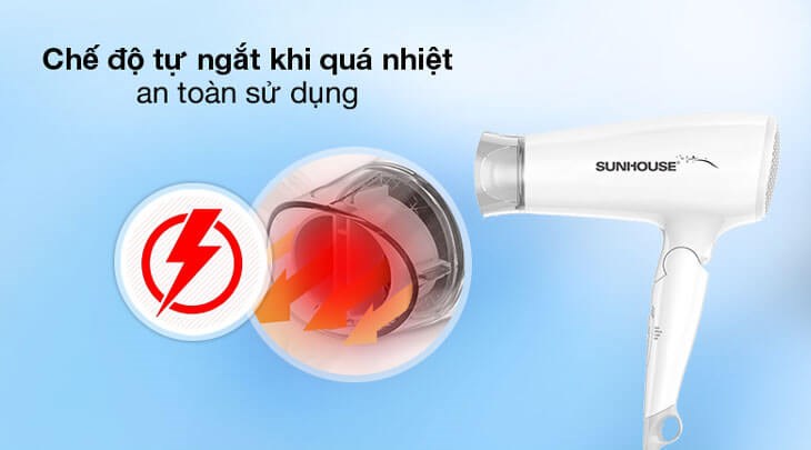 Máy sấy tóc 2200W Sunhouse SHD2309 được tích hợp tính năng tự ngắt khi quá nhiệt đảm bảo an toàn cho người dùng