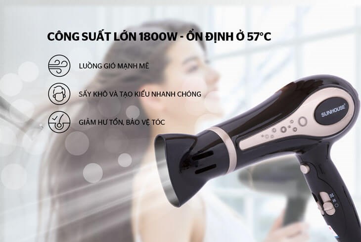 Máy sấy tóc 1800W Sunhouse SHD2317 có công suất 1800W giúp sấy tóc nhanh khô
