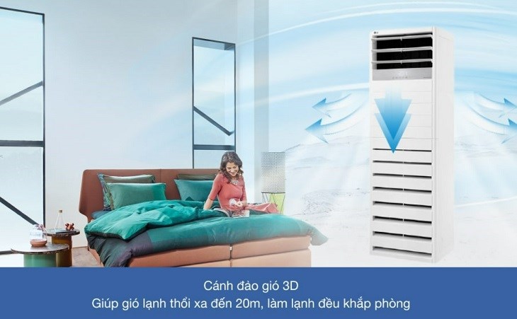 Máy lạnh tủ đứng LG Inverter 3 HP APNQ30GR5A4 được trang bị cánh đảo gió 3D giúp gió lạnh thổi xa và đều hơn trong căn phòng