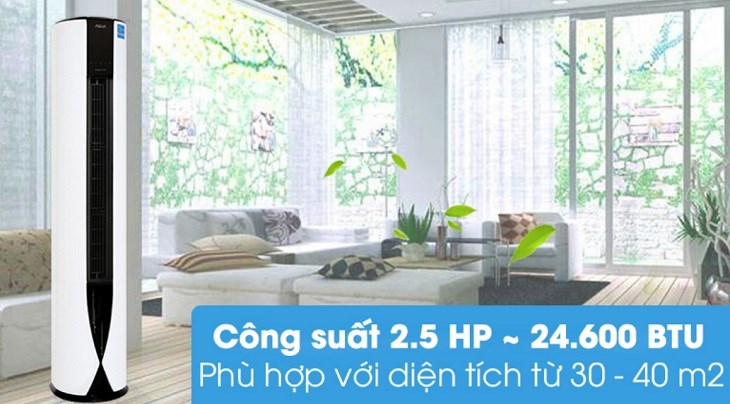 Máy lạnh tủ đứng 2 chiều Aqua Inverter 2.5 HP AQA-FCHV24C sở hữu công suất 2.5 HP phù hợp cho diện tích căn phòng từ 30 - 40m²