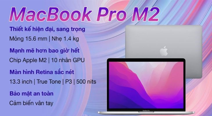 Laptop Apple MacBook Pro M2 2022 trang bị chip Apple M2 cùng 10 nhân GPU mạnh mẽ cho khả năng xử lý vượt trội