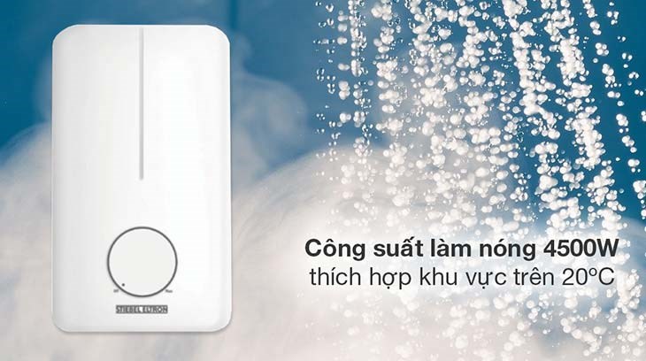 Máy nước nóng trực tiếp Stiebel Eltron 4500W DE 45 EC có công suất 4500W cung cấp nước nóng với nhiệt độ tối đa khoảng 42°C