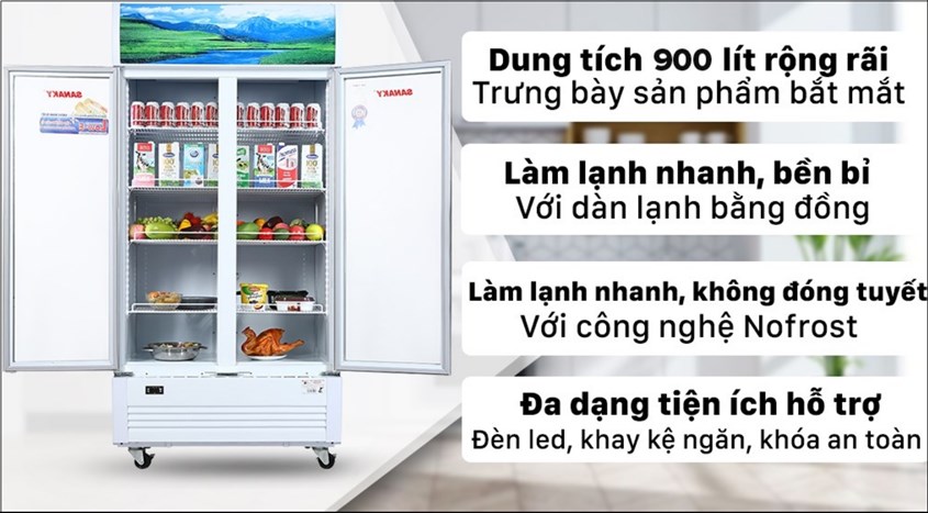 Tủ mát Sanaky 900 lít TM.VH1009HP thuộc kiểu tủ mát 2 cánh, sở hữu dung tích lớn cho khả năng lưu trữ thực phẩm nhiều