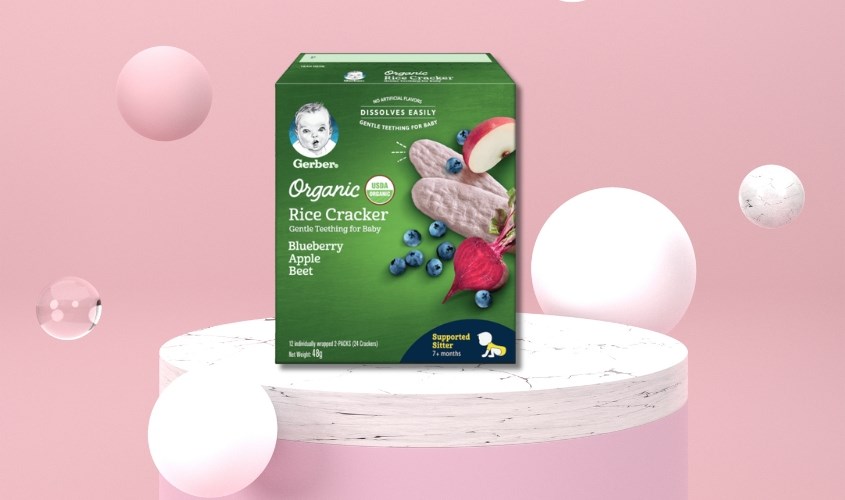 Bánh gạo hữu cơ Gerber Organic Rice Cracker vị việt quất, táo và củ dền hộp 48g (từ 7 tháng)