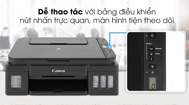 Máy In Phun Màu Canon PIXMA G3010 hỗ trợ bảng điều khiển nút nhấn giúp người dùng dễ dàng lựa chọn chức năng in ấn