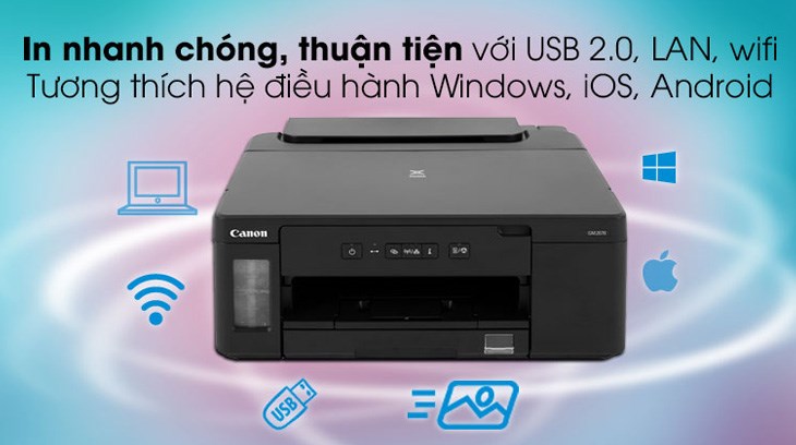 Máy in phun Canon PIXMA GM2070 hỗ trợ cổng USB 2.0 lẫn kết nối LAN và Wifi tương thích với nhiều hệ điều hành phổ biến