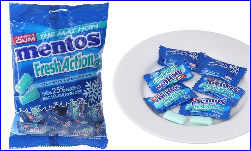Kẹo singum Mentos Fresh Action hương bạc hà và khuynh diệp gói 112g