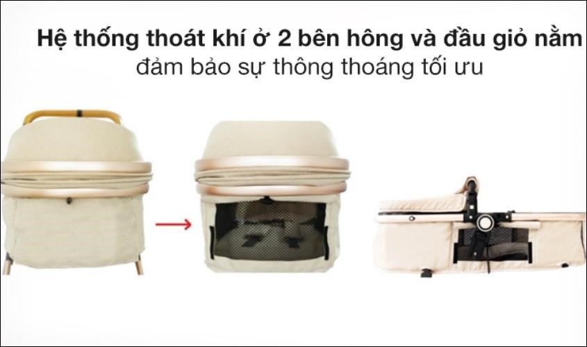Xe đẩy Hakawa có hệ thống thoát khí ở 2 bên và đầu giỏ nằm của bé