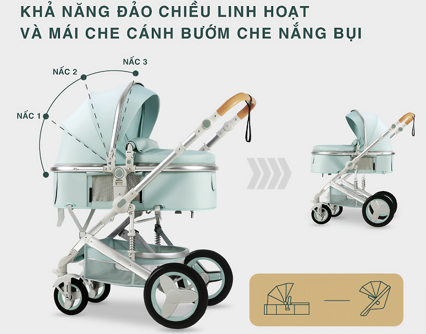 Mái che của xe có dạng cánh bướm đa nấc dễ dàng điều chỉnh