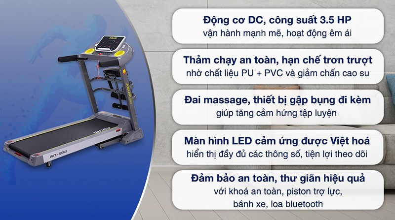 Máy Chạy Bộ Aguri AGT-123LE sở hữu thiết kế sang trọng với khung sườn thép cường lực chắc chắn