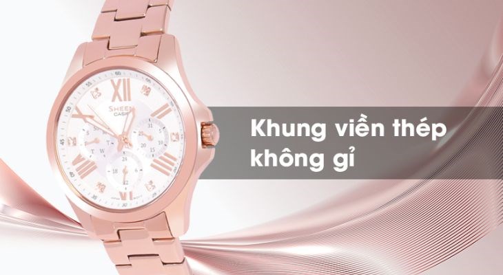 Đồng hồ SHEEN CASIO 37.3 mm Nữ SHE-3806PG-7AUDR có khung viền được làm từ thép không gỉ
