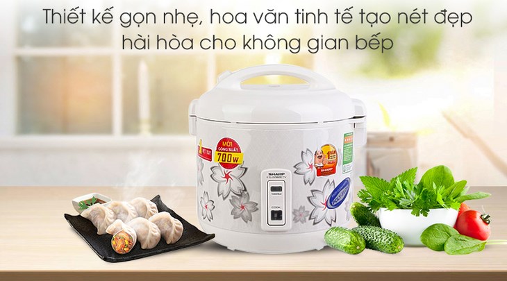 Nồi cơm điện Sharp 1.8 lít KS-N182ETV có màu trắng tươi sáng, hoa văn tinh tế tạo nét đẹp hài hòa cho gian bếp