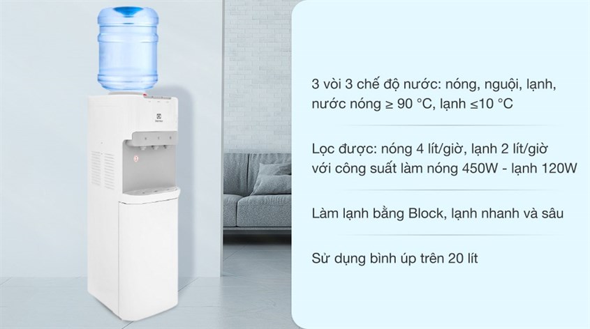 Cây nước nóng lạnh Electrolux EQACF01TXWV 570W tiết kiệm điện năng tối ưu nhờ chế độ làm lạnh bằng Block