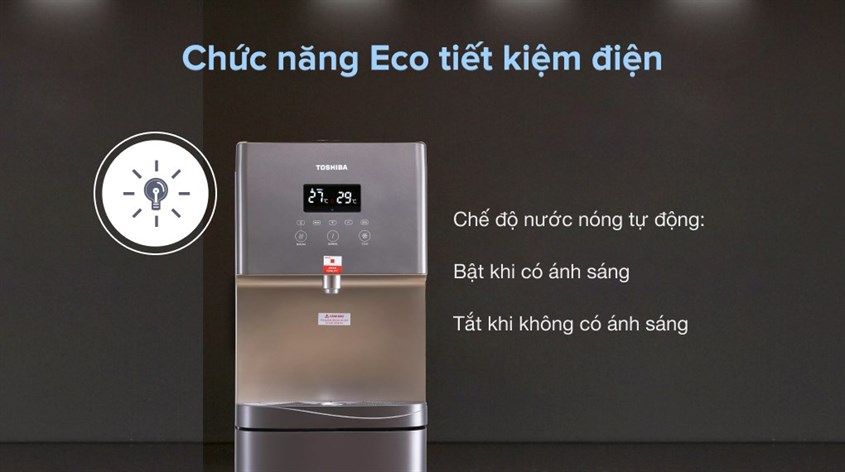 Cây nước nóng lạnh Toshiba RWF-W1830UVBV(T) với tổng công suất 650W, trang bị chế độ Eco tiết kiệm điện tối ưu