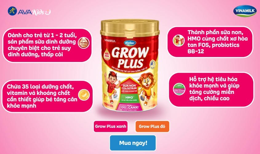 Sữa bột Dielac Grow Plus 1+ (sữa non) 850g (1 - 2 tuổi) dành cho trẻ suy dinh dưỡng, thấp còi