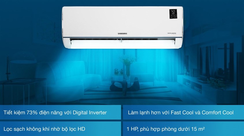 Máy lạnh Samsung Inverter 1 HP AR09TYHQASINSV có công suất 1HP phù hợp với phòng dưới 15m2