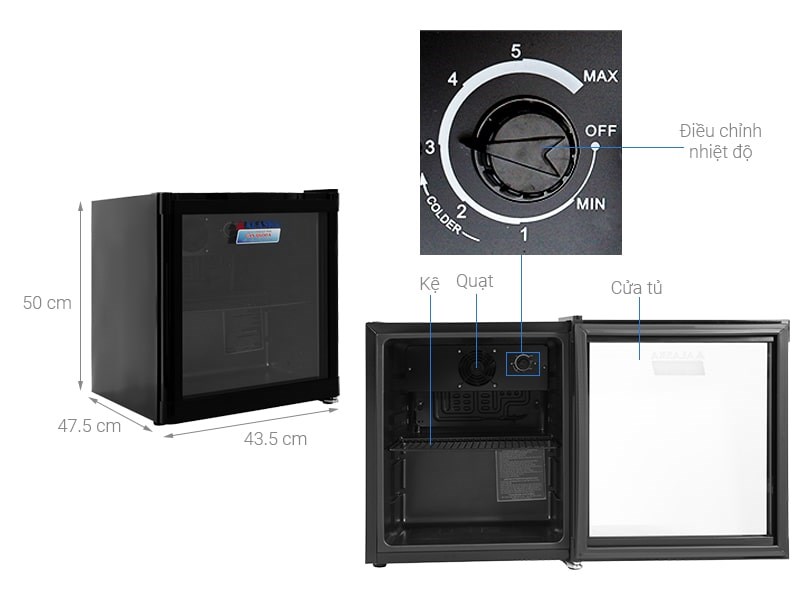 Tủ mát Alaska 50 lít LC 50B Đen dễ dàng điều chỉnh nhiệt độ với 5 cấp độ lạnh 