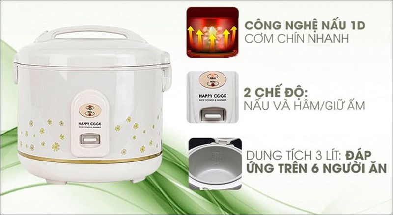 Nồi cơm điện Happycook 3 lít HC-300 có kiểu dáng trang nhã với dung tích 3 lít đủ nấu cơm cho gia đình 6 - 8 thành viên