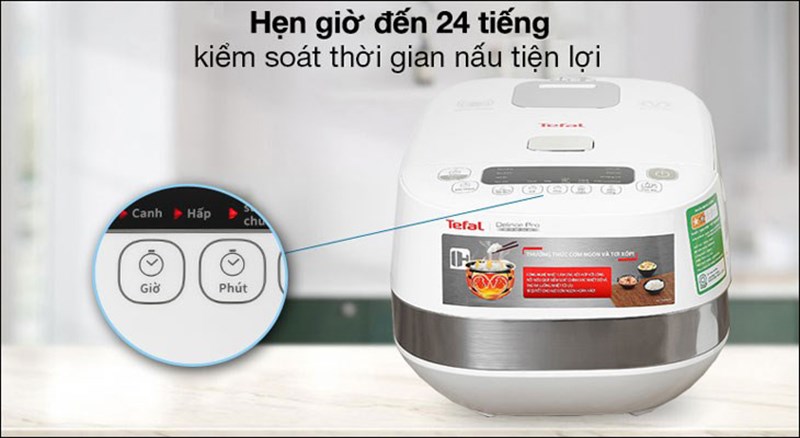 Nồi cơm điện cao tần Tefal 1.5 lít RK808168 trang bị tính năng hẹn giờ, giúp kiểm soát thời gian nấu ăn hiệu quả