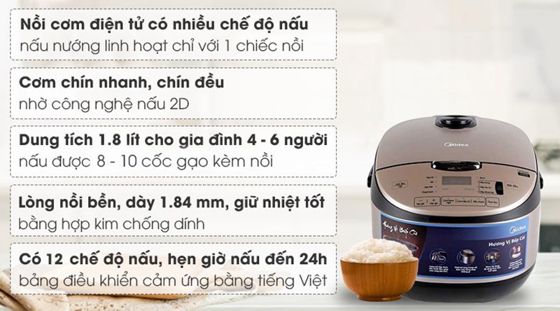 Nồi cơm điện tử Midea 1.8 lít MB-FS5021 thiết kế sang trọng, hiện đại, lớp vỏ xám trắng bắt mắt