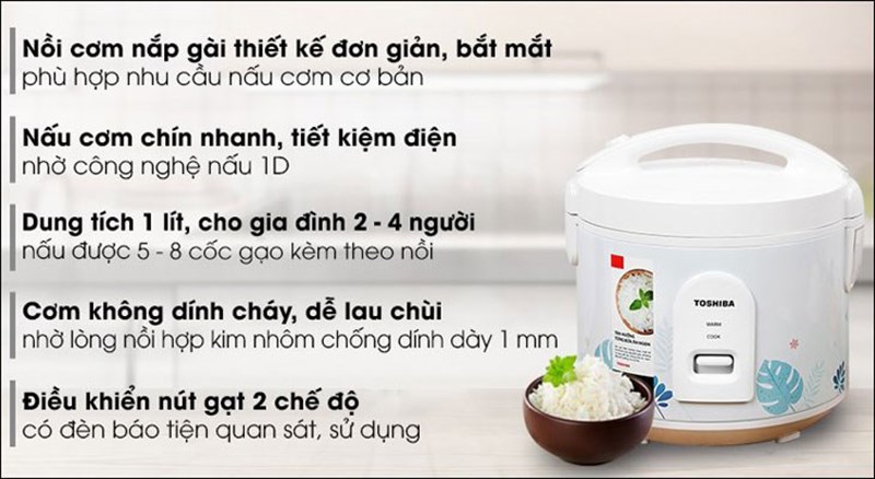 Nồi cơm nắp gài Toshiba 1 lít RC-10JH2PV(B) có dung tích 1 lít thích hợp để nấu cơm cho 2 - 4 người dùng