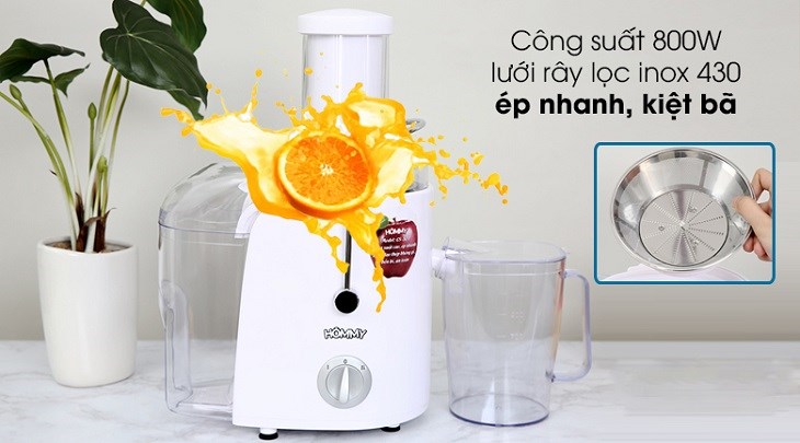 Máy ép hoa quả Hommy GS-321 có công suất hoạt động mạnh mẽ 800W, giúp ép nhanh, kiệt bã