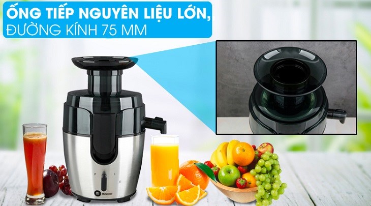 Máy xay ép đa năng Mishio MK-197 có ống tiếp nguyên liệu lớn với đường kính 75 cm, dễ dàng xay ép các loại thực phẩm