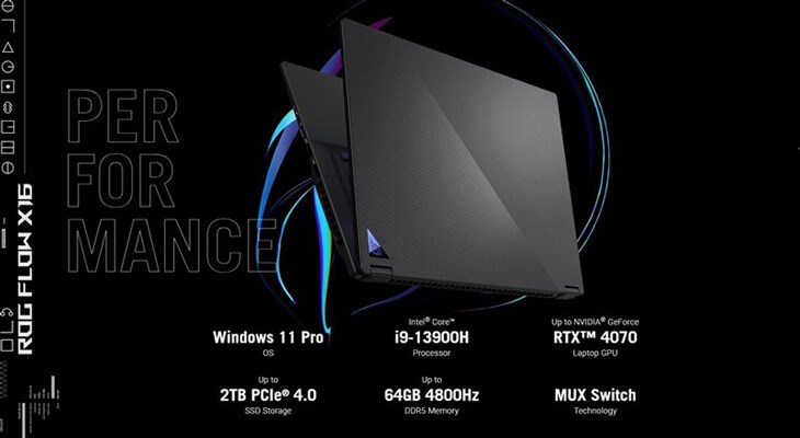 ASUS ROG Flow X16 2023 sử dụng vi xử lý Intel Core i9-13900H cho khả năng đa nhiệm mượt mà, chiến game ổn định ở mức cấu hình cao