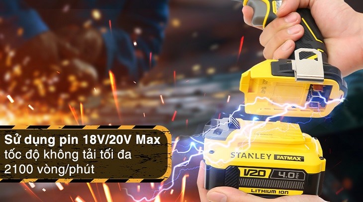 Máy khoan vặn vít động lực pin Stanley SBD721M2K-KR 18V sử dụng pin 18 - 20V, giúp khoan nhanh chóng