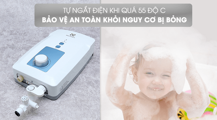 Máy nước nóng trực tiếp Electrolux 4500W EWE451GX-DWB được trang bị chế độ tự động ngắt khi nhiệt độ vượt quá 55 độ C tiện lợi