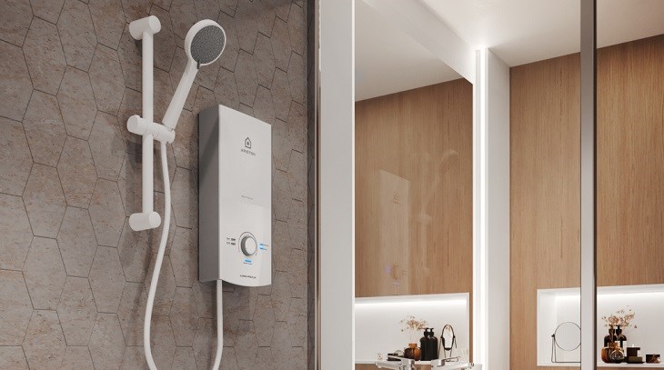 Máy nước nóng trực tiếp Ariston 4500W AURES PREMIUM 4.5P PEARL được trang bị bơm trợ lực vận hành siêu êm