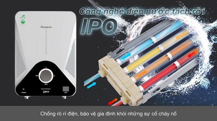 Máy nước nóng trực tiếp Kangaroo 4000W KG589G được trang bị công nghệ IPO giúp chống rò rỉ điện