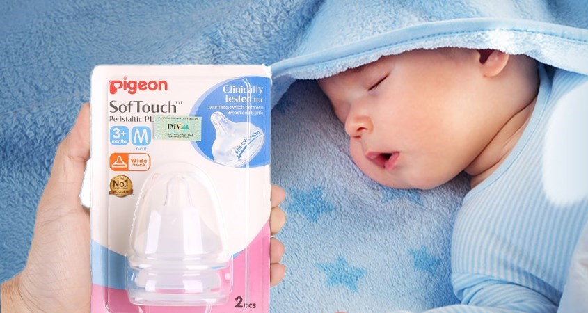 Bộ 2 núm ti Pigeon Plus SoftTouch siêu mềm cổ rộng size M (3 - 6 tháng)