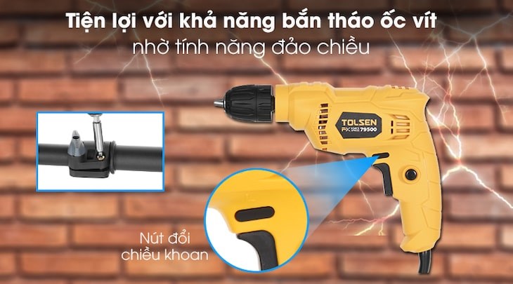 Máy khoan điện Tolsen 79500 400W với tính năng đảo chiều khoan tạo tiện lợi khi tháo ốc ít cho người dùng