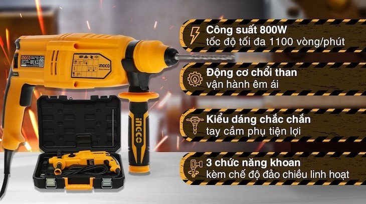 Máy khoan búa điện Ingco RGH9028 800W có tốc độ xoay 11000 vòng/ phút khèm 3 chức năng khoan linh hoạt cho người dùng