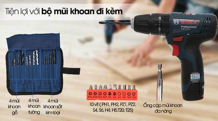 Máy khoan động lực pin Bosch GSB 120-LI 12V mang lại sự tiện lợi, đa dạng cho người dùng khi đi kèm bộ 12 mũi khoan, bộ 10 đầu vít và 1 ống cặp mũi khoan đa năng