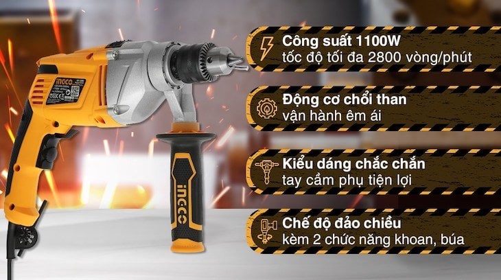 Máy khoan động lực điện Ingco ID11008 1100W với công suất 1100W kết hợp động cơ chổi than mang lại những đường khoan sắc nét trên bè mặt cứng mà không tôn quá nhiều công sức