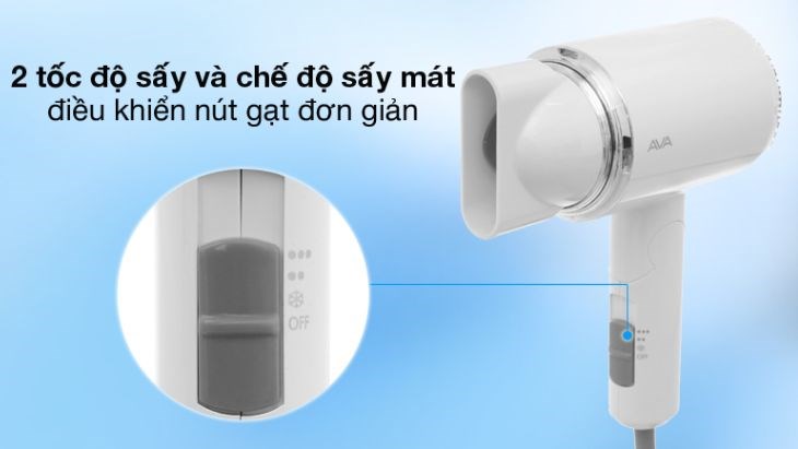 Máy sấy tóc 1100W AVA RCY-7022 hoạt động hiệu quả với hai chế độ sấy, có thể điều chỉnh theo nhu cầu