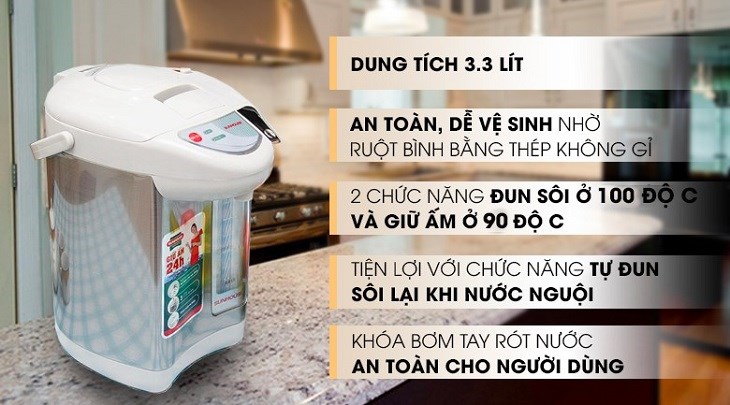 Bình thủy điện Sunhouse SHD1533 3.3 lít được làm từ thép không gỉ