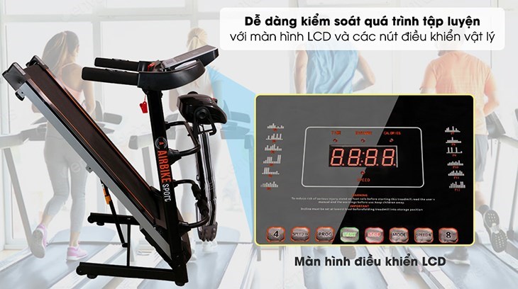 Máy Chạy Bộ Airbike Sport MK-304 được trang bị màn hình LCD giúp người dùng dễ dàng theo dõi quá trình tập luyện