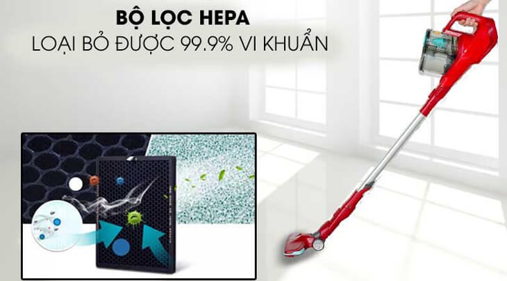 Máy hút bụi không dây Philips FC6721 được trang bị bộ lọc HEPA giúp lọc thải tốt đến 99.9% bụi bẩn, vi khuẩn