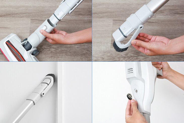 Máy hút bụi không dây Philips FC6723 được trang bị đầu hút khe có bàn chải giúp bạn vệ sinh các góc hẹp, kệ tủ, kẽ trần, tường dễ dàng