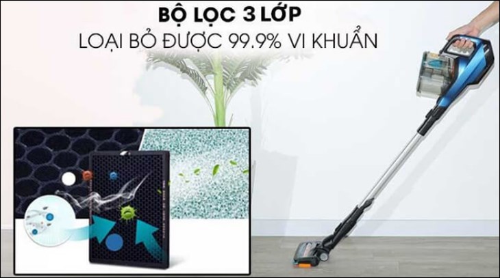 Máy hút bụi không dây Philips FC6728 được trang bị bộ lọc 3 lớp giúp loại bỏ 99.9% bụi bẩn, vi khuẩn, trả lại bầu không khí sạch thoáng