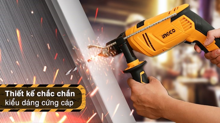 Máy khoan động lực Ingco ID8508E 850W với thiết kế màu vàng - đen bắt mắt kèm tay cầm phụ hạn chế rung lắc, trơn trượt